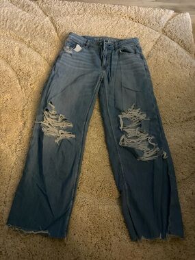 American Eagle Outfitters Light Blue Distressed Wide-Leg Jeans